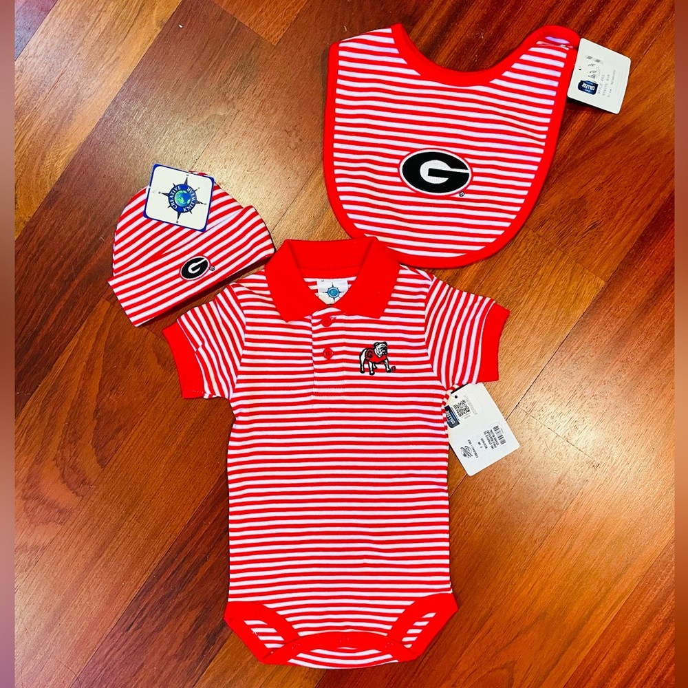 NWT UGA University of Georgia Bodysuit, Bib, Hat Bundle
